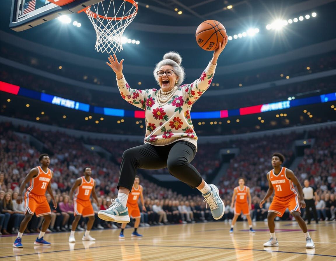 Elderly Woman's Epic Slam Dunk in Stadium