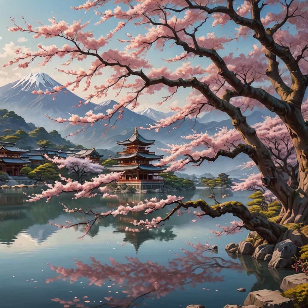 A beautiful sakura tree in front of a lake.