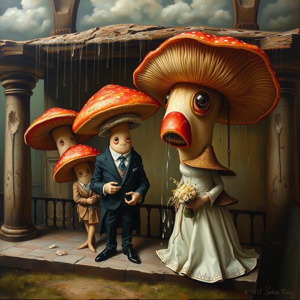 Surreal Mushroom Wedding as Rain Falls on Abandoned Altar