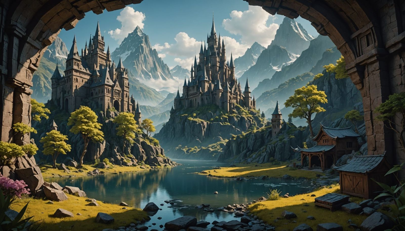 Origami Castle in Paper Ocean, Fantastical Matte Painting