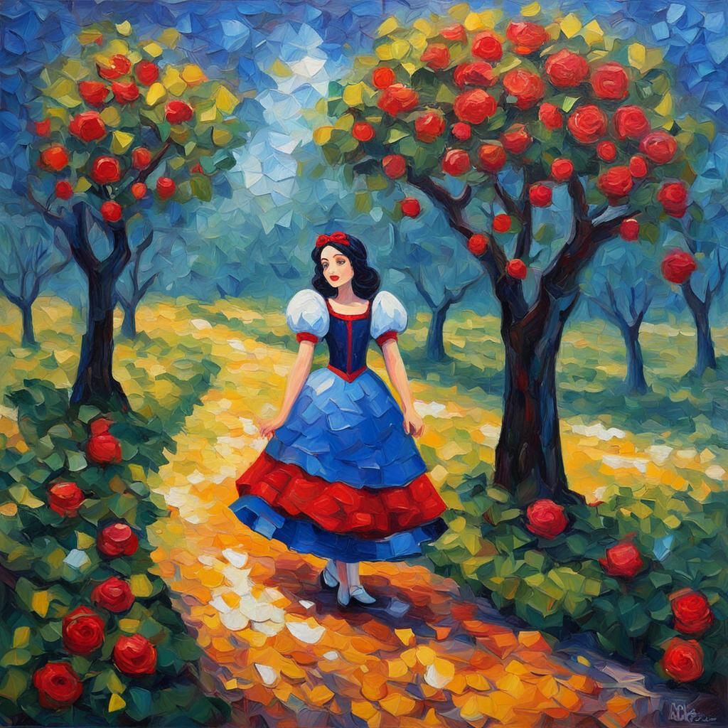 Snow White in Orchard: Expressionist Impasto Oil Painting