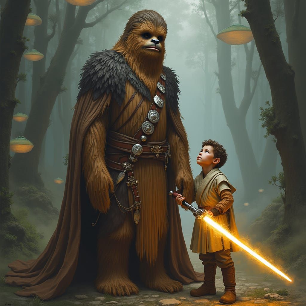 Wookiee Jedi Master and Young Padawan in Kashyyyk Forest