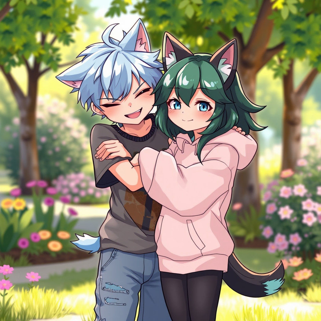 Feline Boy and Wolf Girl Embrace in Park