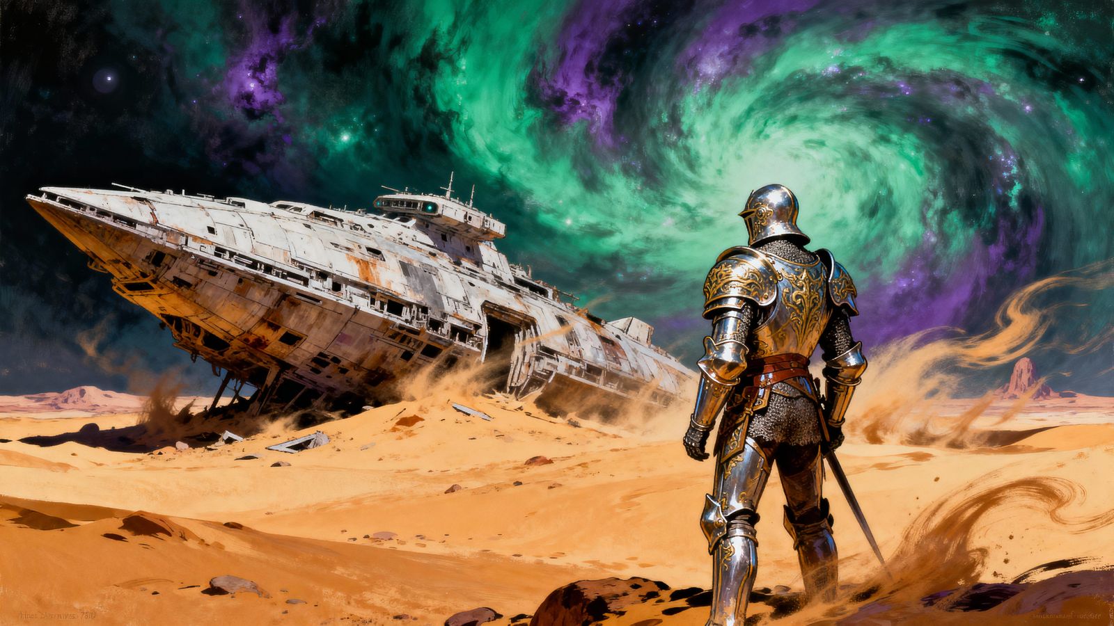 Knight on Alien World Beside Derelict Spaceship