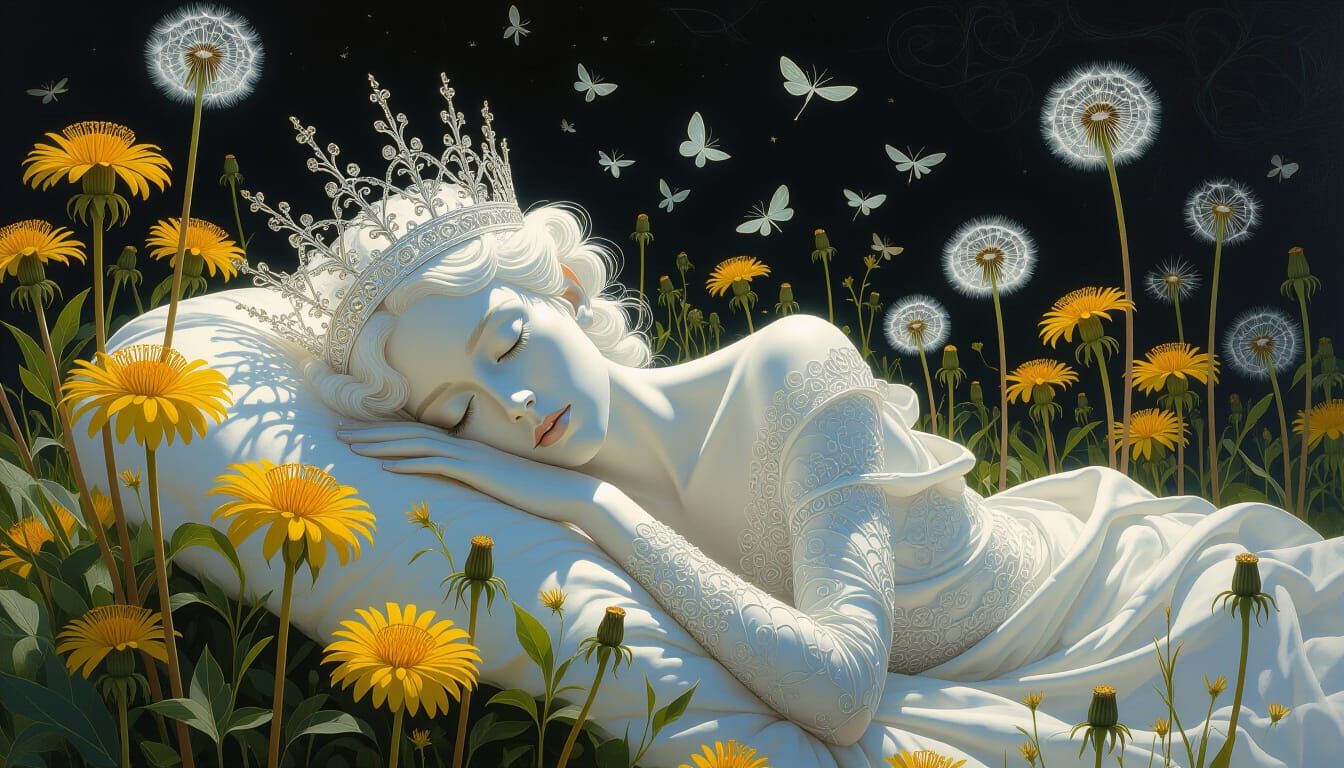 Ethereal Filigree Being in Dandelion Field: Bio-Art