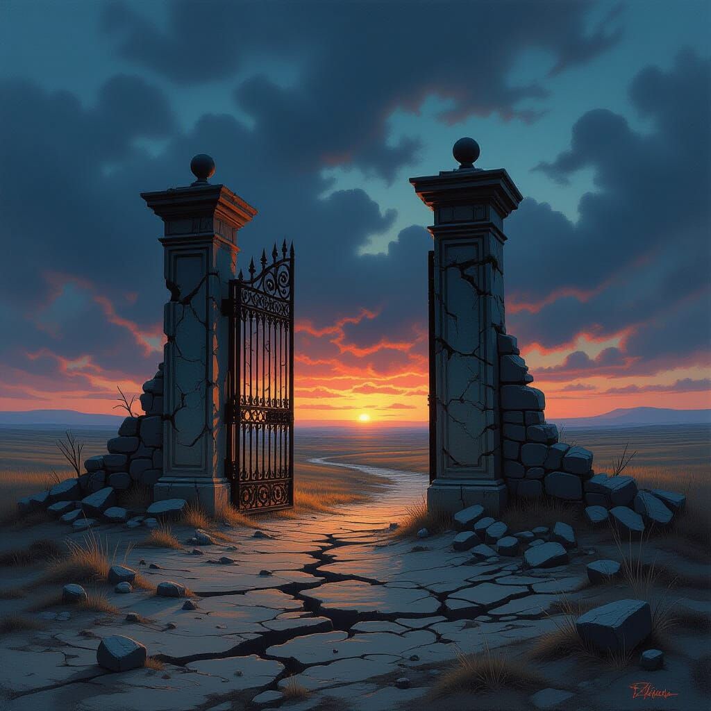 Ancient Gate in Desolate Wasteland Oil Painting