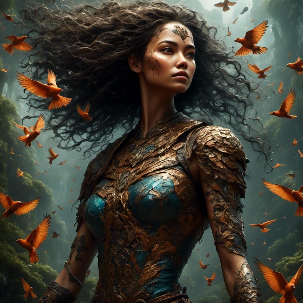 Amazonian Woman's Crow Tattoos in Hyperrealistic Forest