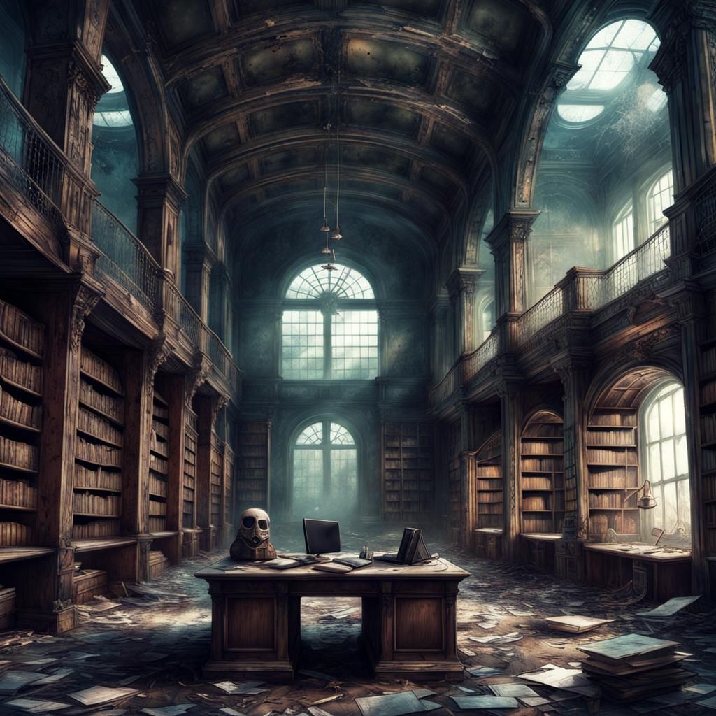 Post-Apocalyptic Cyberpunk Library Grunge Art