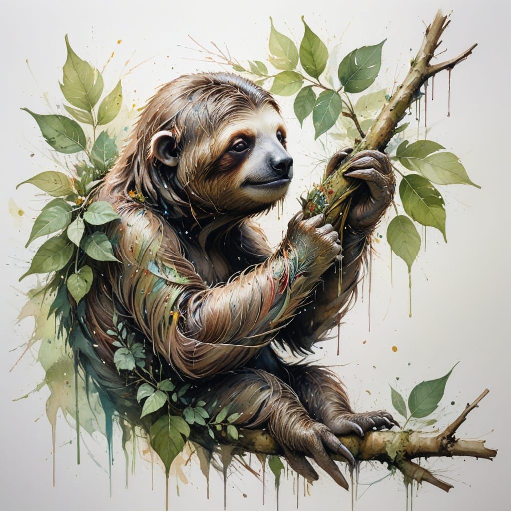 Sloth in Tropical Rainforest Dawn, Watercolour Style