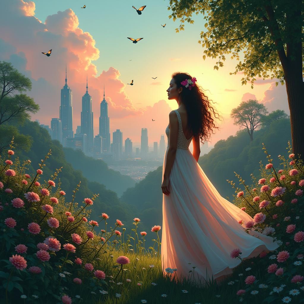 Woman in Spring Garden with Cityscape, Syd Mead Style