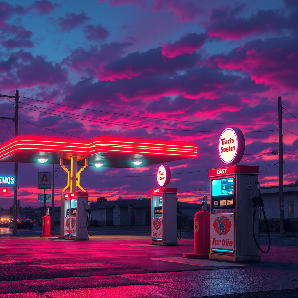 1950s Gas Station in Synthwave Neon Lighting