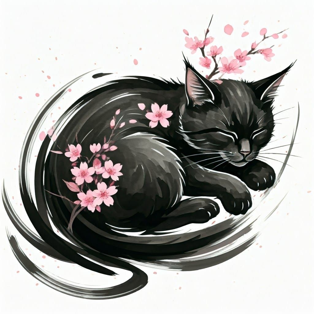 Calligraphic Cat in Japanese Ink Art Style