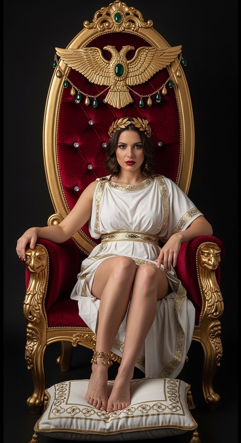Seductive Roman Empress on Luxurious Gold Throne