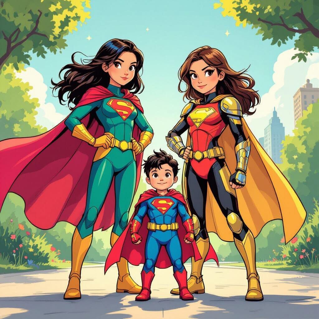 Teen Superheroes Guard Toddler in Animated Comic Style