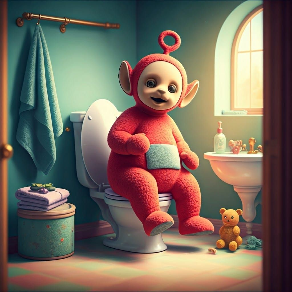 Whimsical Teletubby in a Pastel-Colored Bathroom
