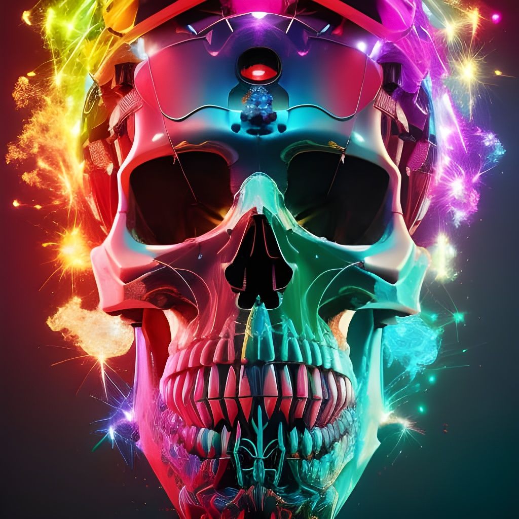 Vibrant Neon Skull with Headphones in Surreal Style