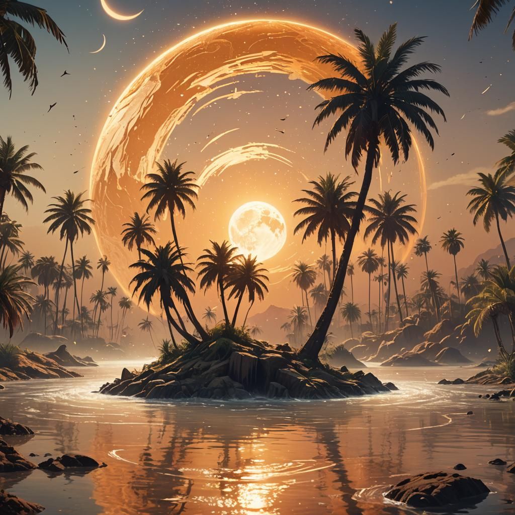 Flooded Island Fantasy Concept Art in Orange Sunlight