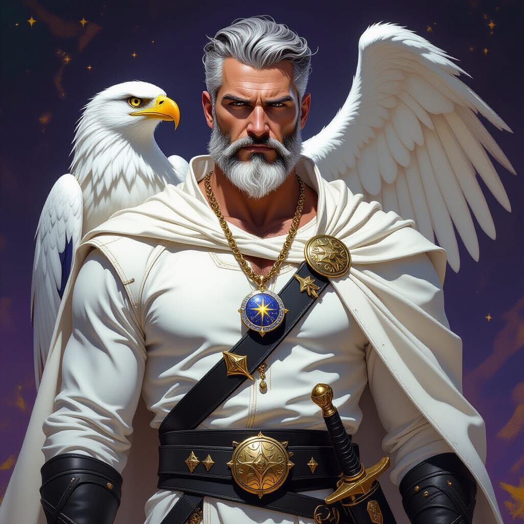 Imposing Man with Eagle in Dark Fantasy Style
