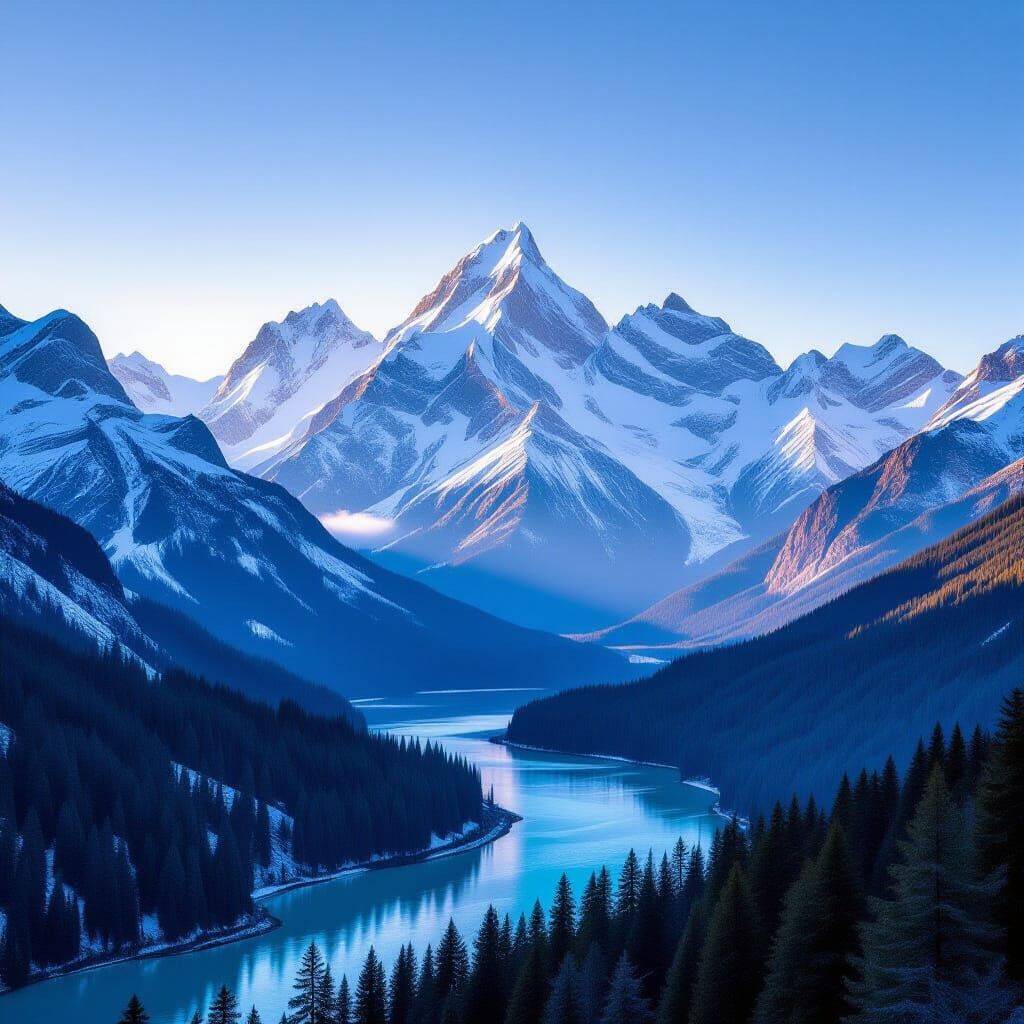 Snow-Capped Mountains at Sunrise in Photorealistic Style