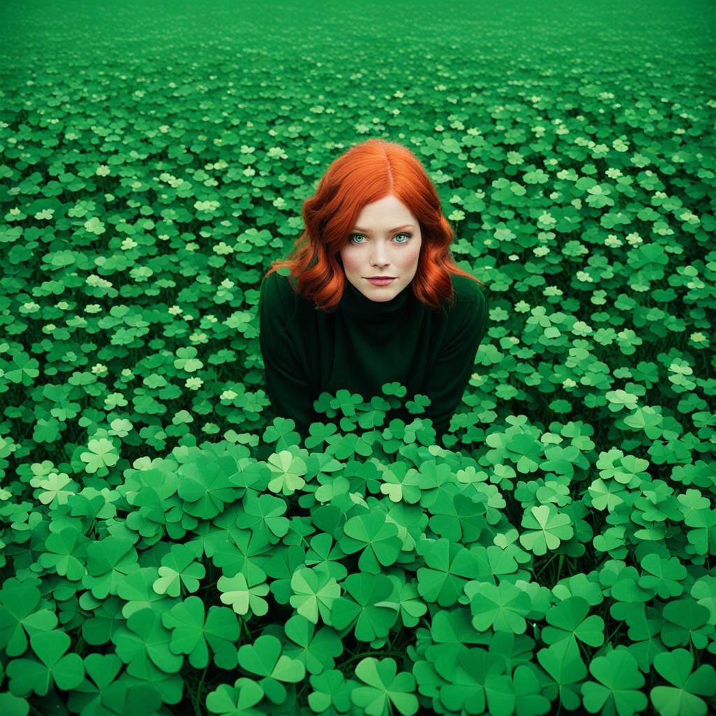 Red-Haired Girl in Field of Four-Leaf Clovers