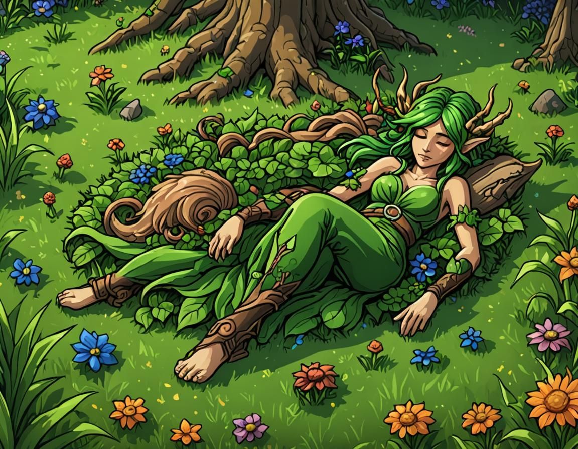 Dryad from Terraria Sleeping on Grass