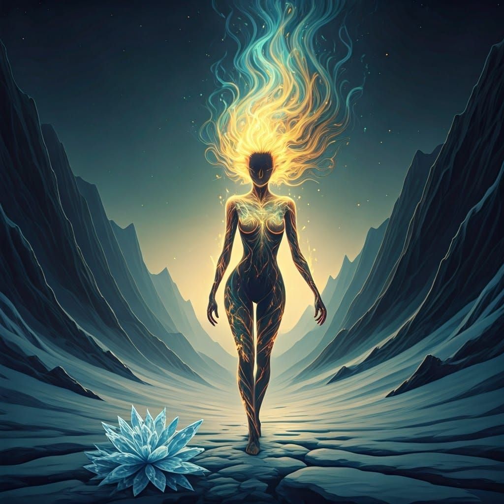 Flame Maiden's Icy Journey: A Surreal Illustration