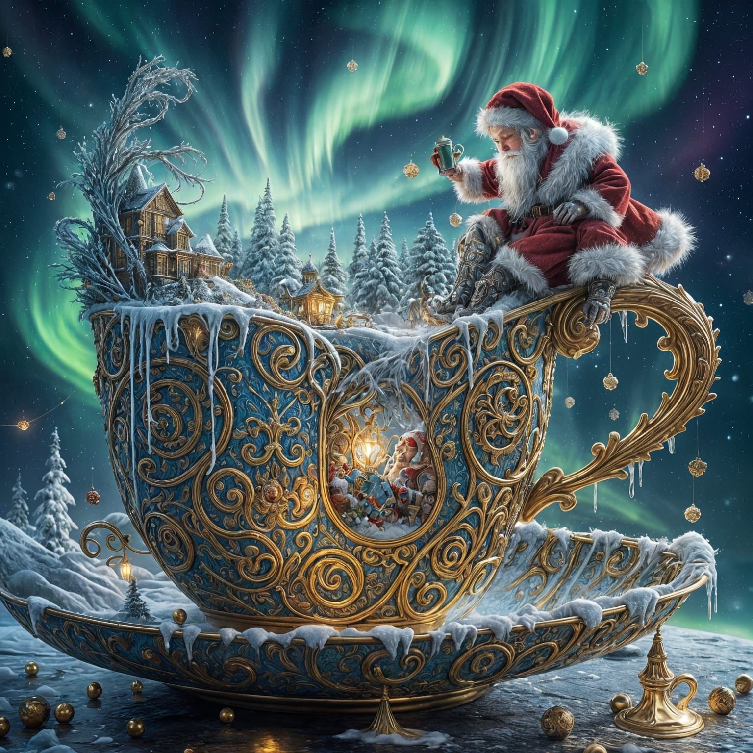 Santa Claus Peering into a Miniature Kingdom Inside a Teacup