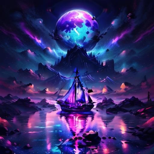 Dreamy Beach with Red Moon in Fantasy Landscape