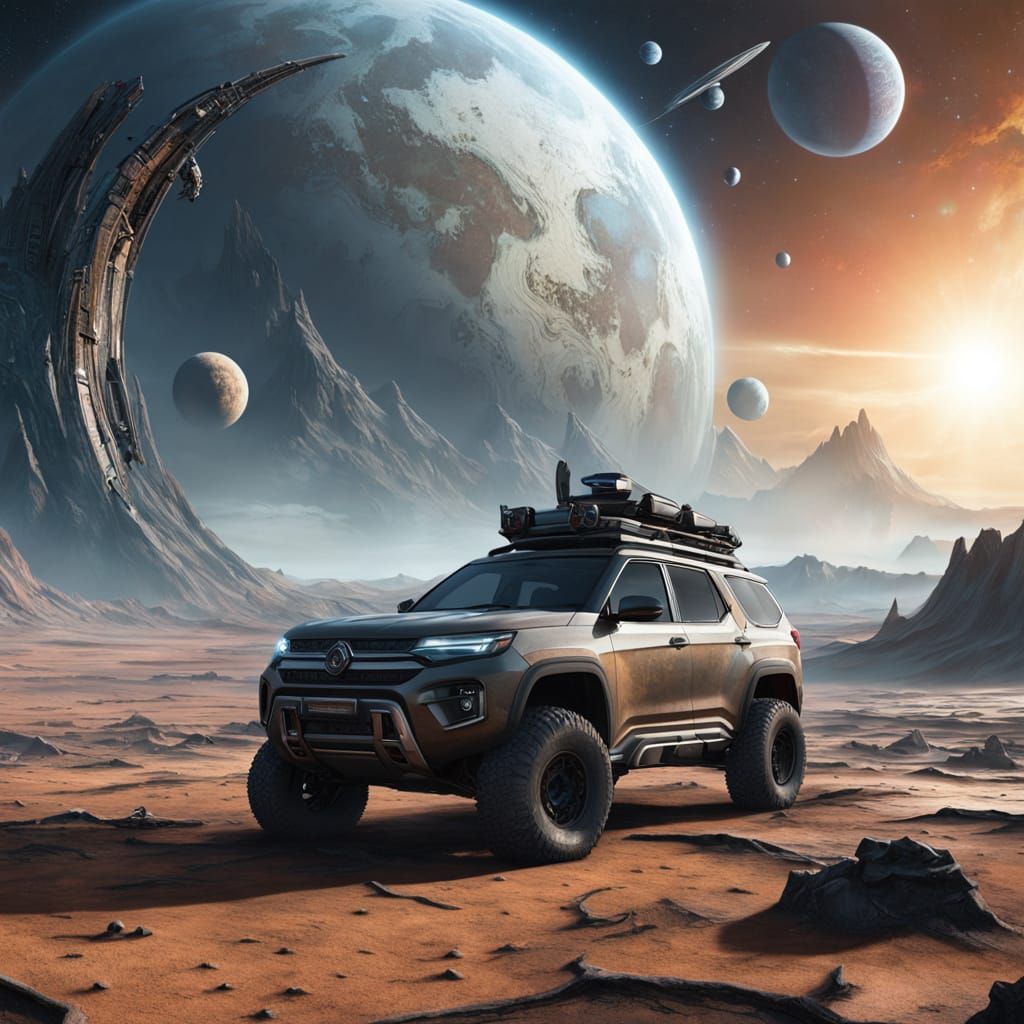 Lone Explorer Beside Futuristic Rover on Alien Planet