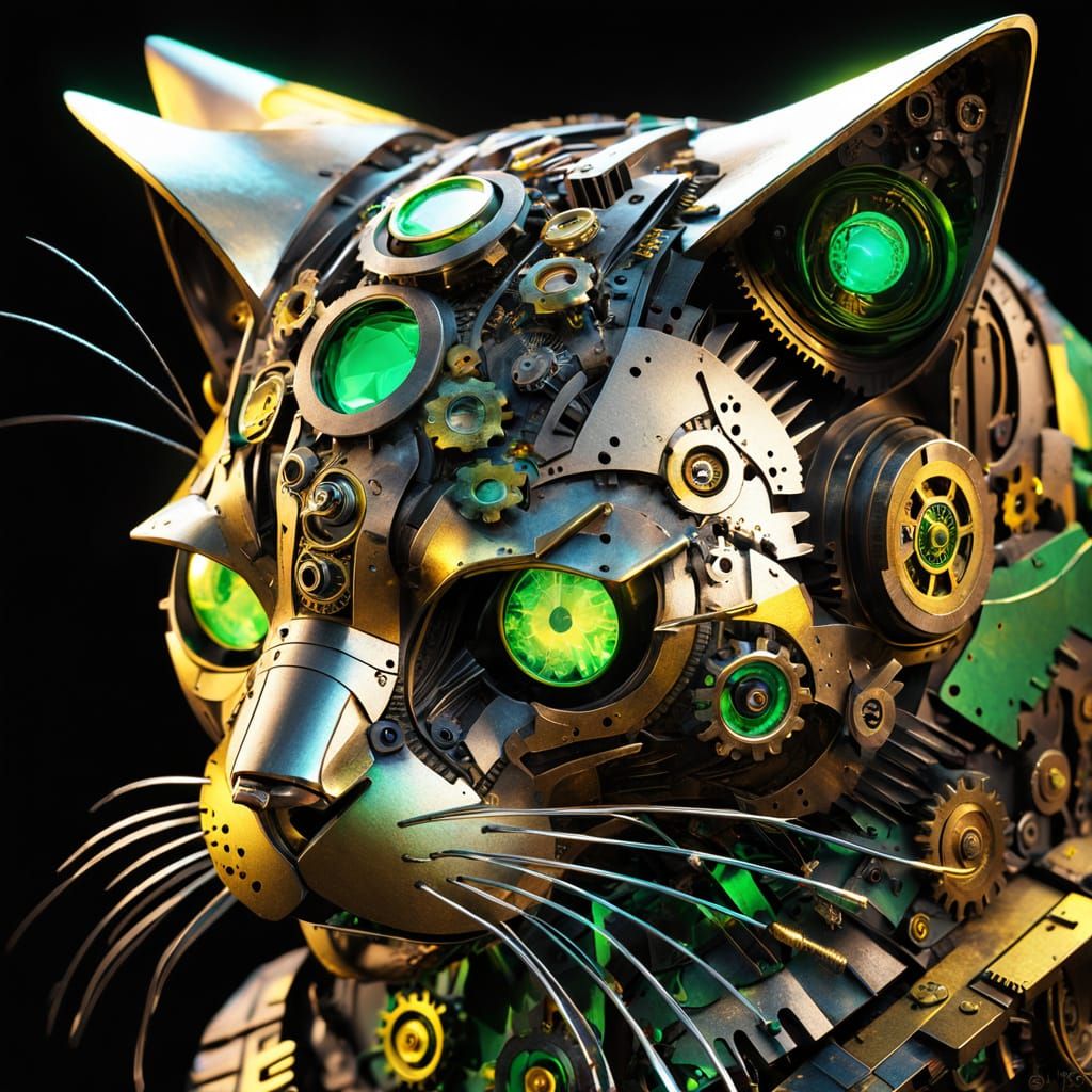 Steampunk Sculpture: Mechanical Cat with Cosmic Textures