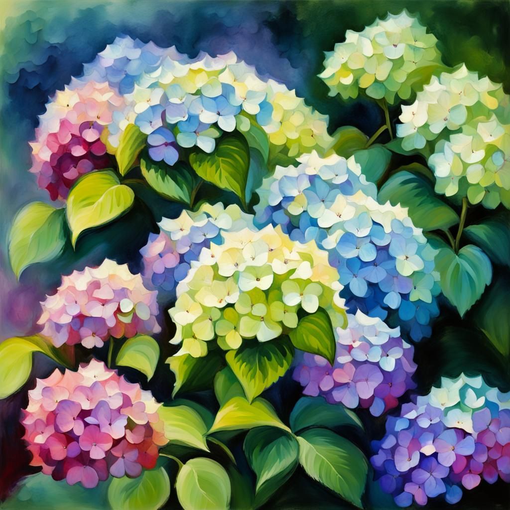 Impressionistic Hydrangea Garden in Full Bloom