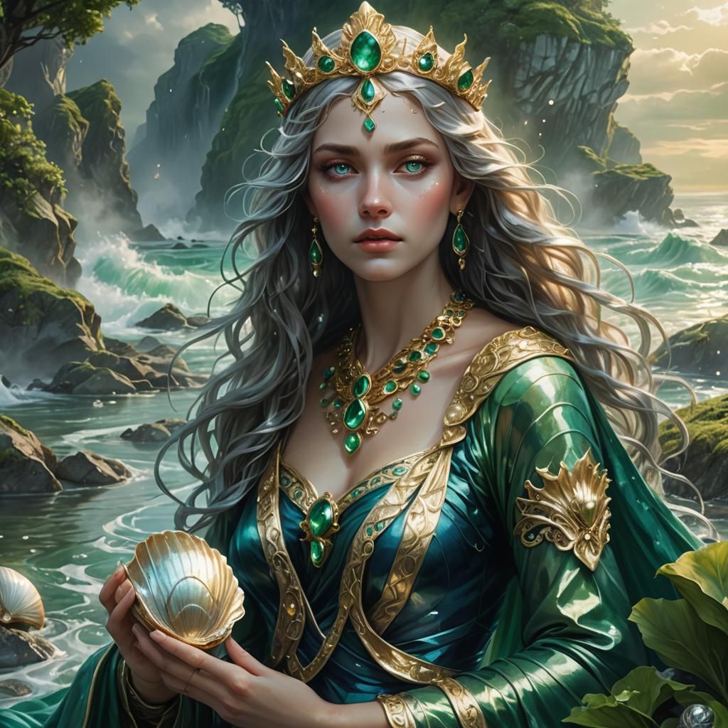 River Queen Fantasy Art in Emerald and Gold