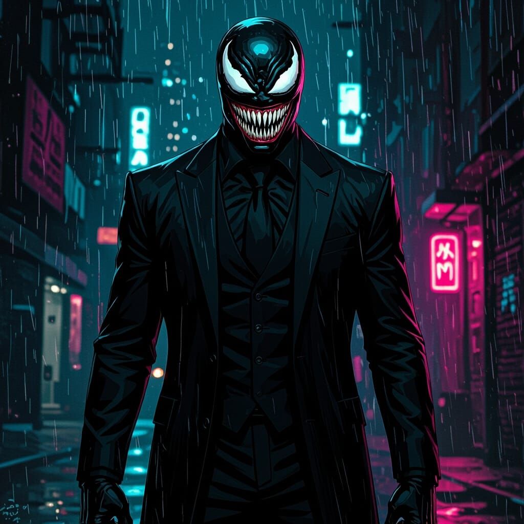 Venom in Urban Landscape with Neon Accents