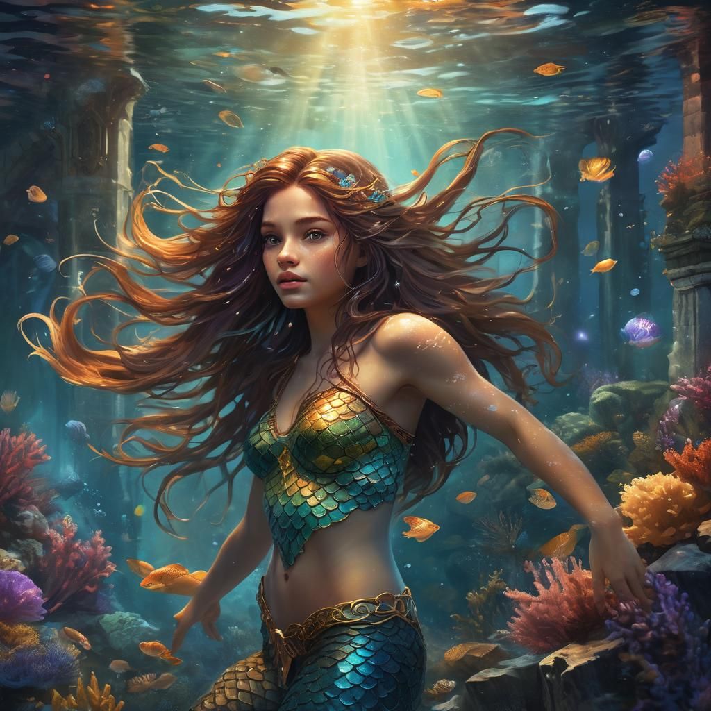 Underwater Mermaid at Star Gate: Vibrant Oil Painting