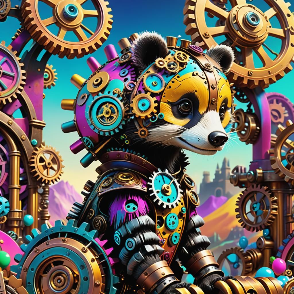 Steampunk Gear-Badger in Whimsical Candyland