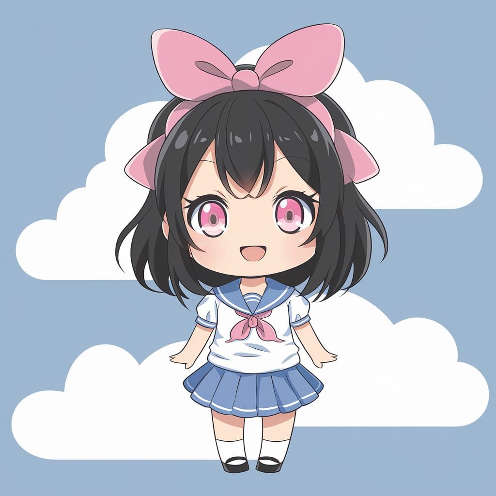 Surreal Chibi Anime Girl Adorns Sky Blue Background