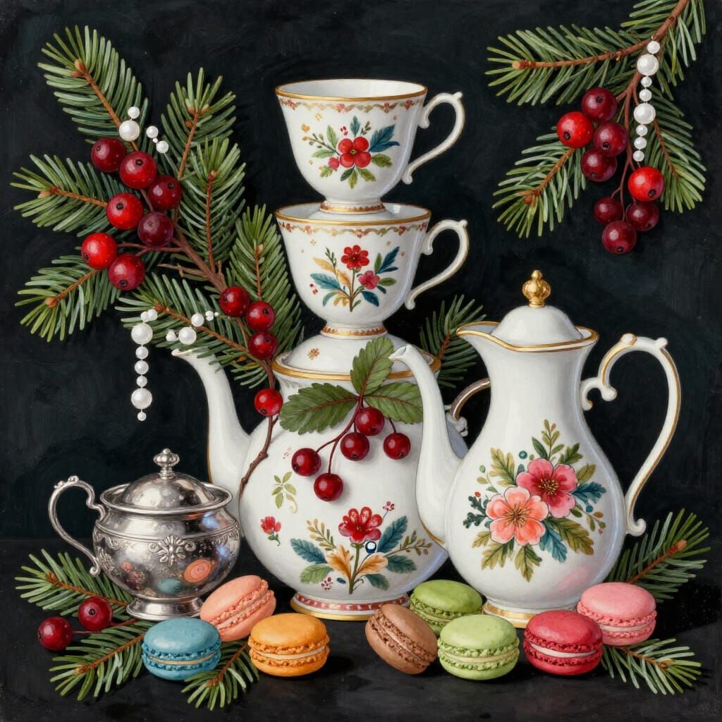 Folk Art Still Life: Tea Set with Lingonberries & Macarons