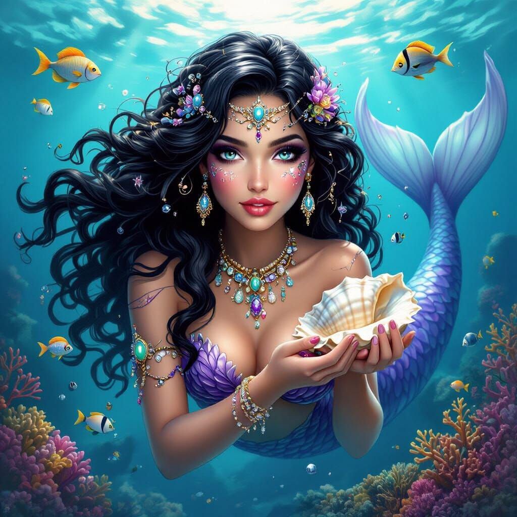 Goddess Mermaid with Conch in Colorful Ocean