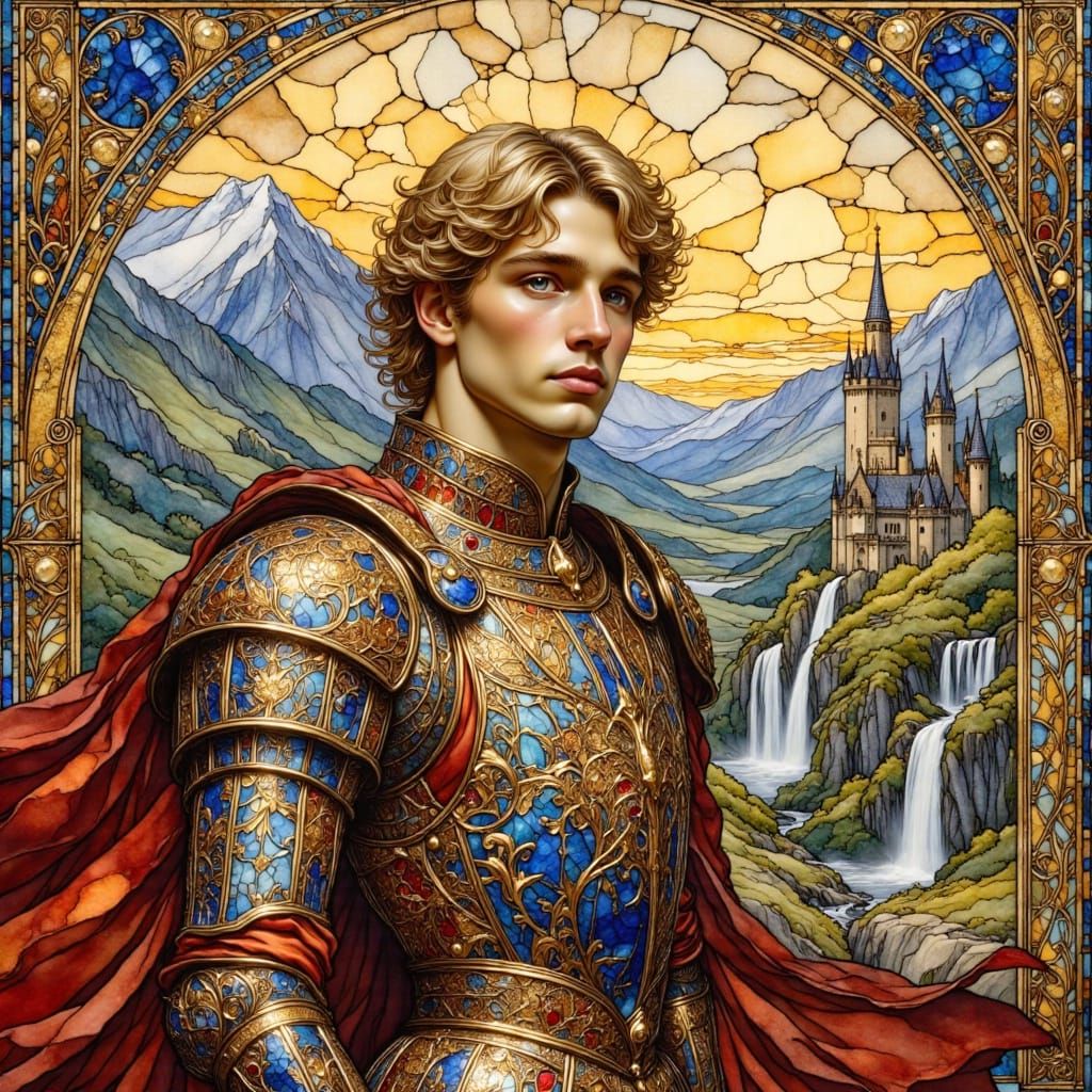 Medieval Knight in Stained Glass Art Nouveau Style