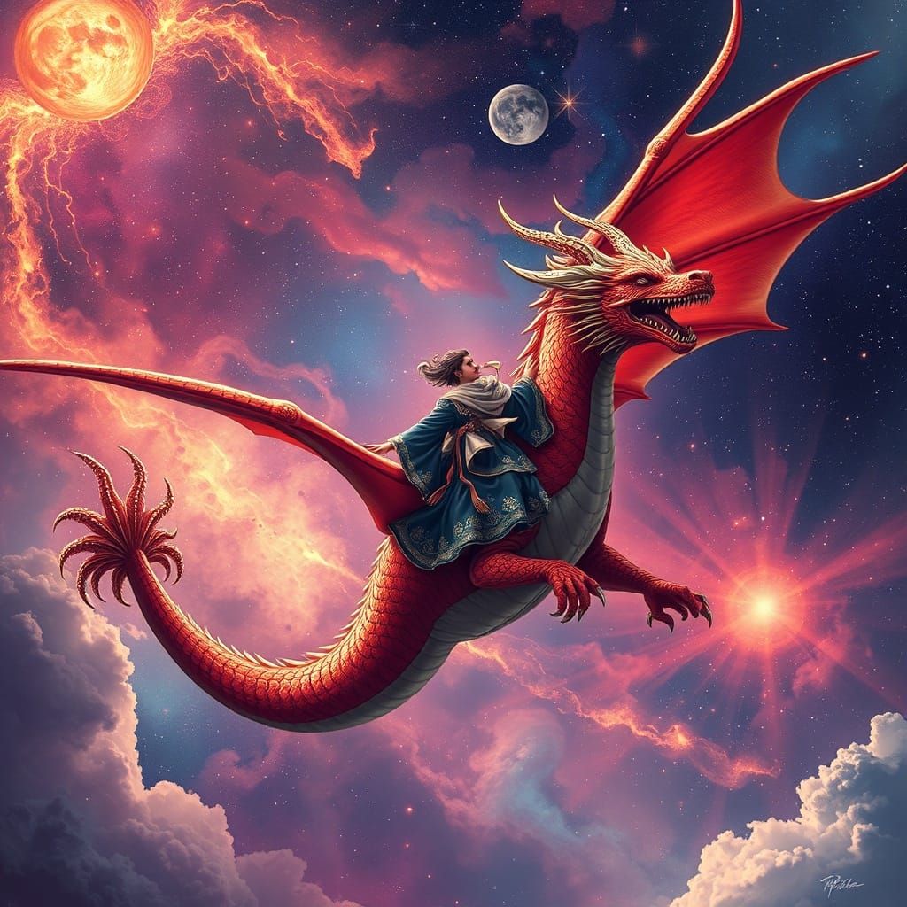 Majestic Red Dragon Soars Through Cosmic Sky