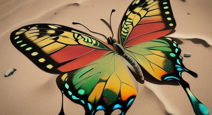Mosaic Butterfly on Beach at Sunrise: Graffiti Art