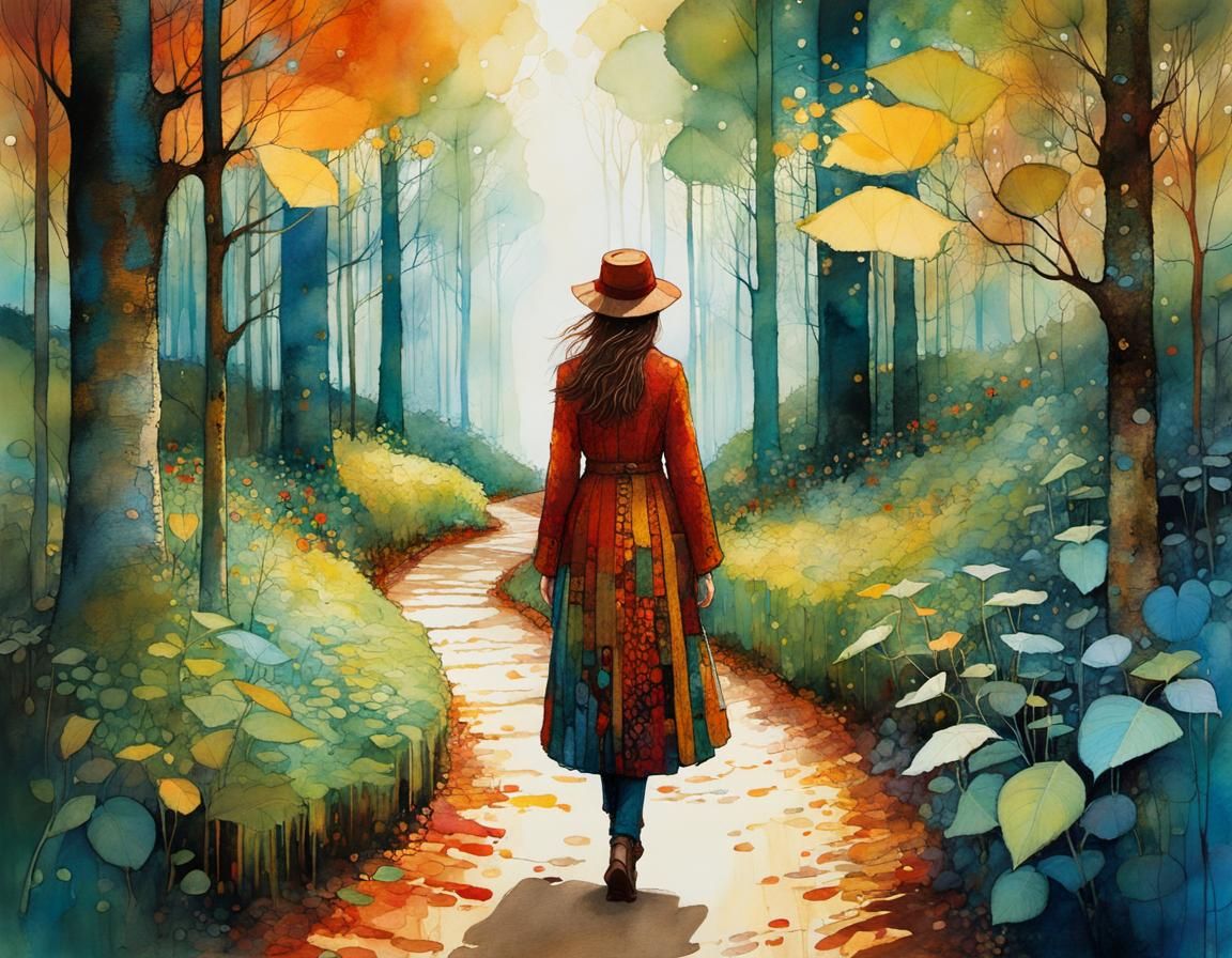 Woman on Forest Path: Digital Watercolor Illustration