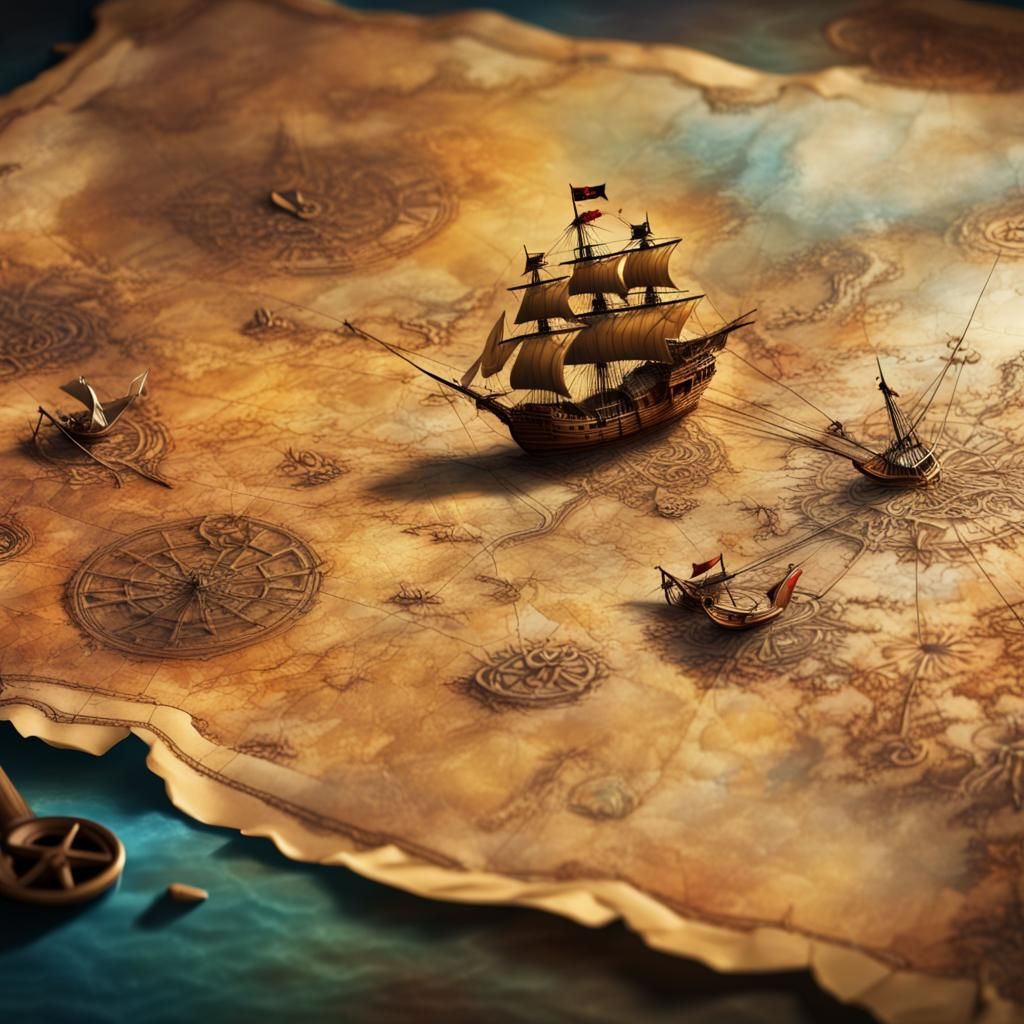 Detailed Pirate Treasure Map in Splash Art Style