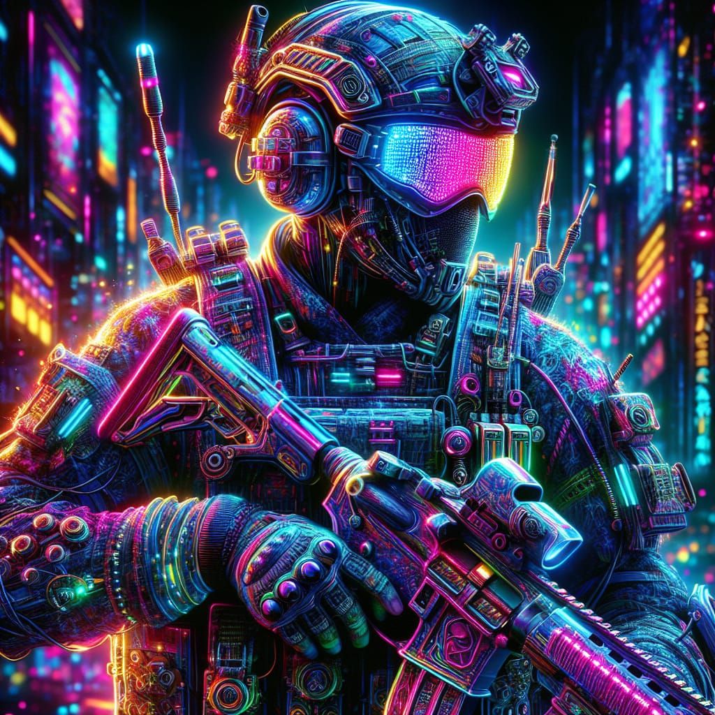 Neon Soldier in Futuristic Cyberpunk Battle