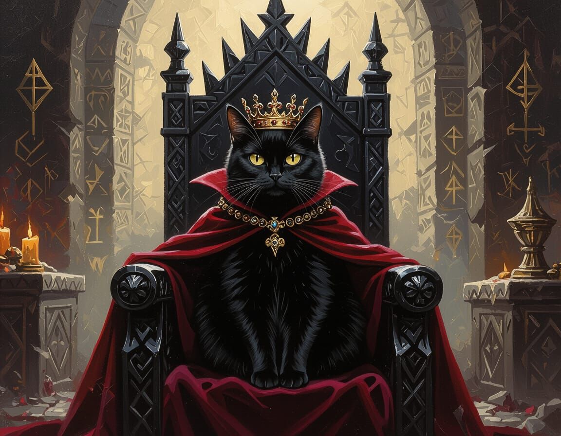 Regal Black Cat on Obsidian Throne in Magic Chamber