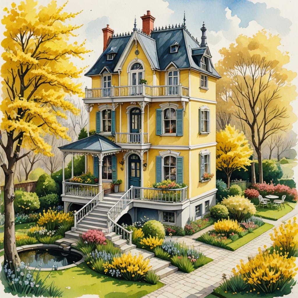 Beautiful Watercolor Victorian House in a Serene Garden