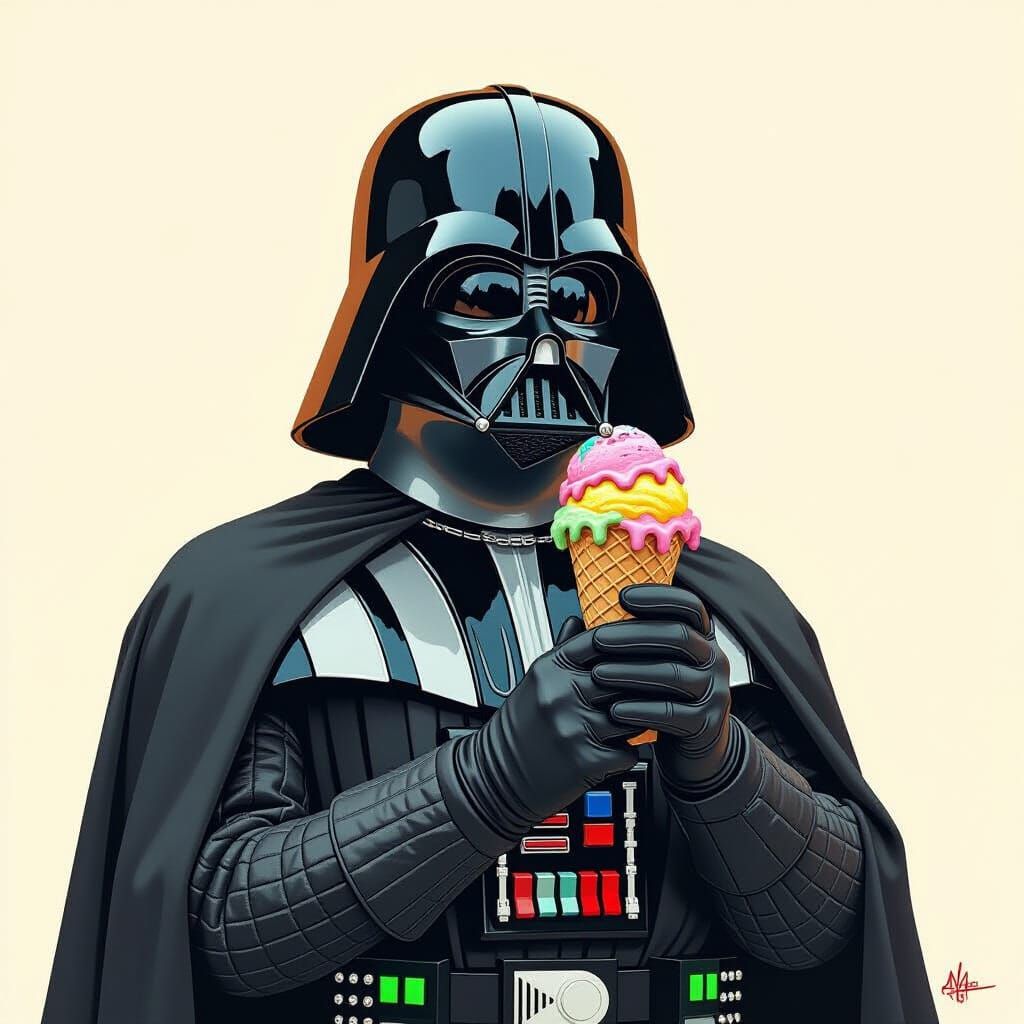 Darth Vader Enjoys Ice Cream in a Gritty, Vibrant Style