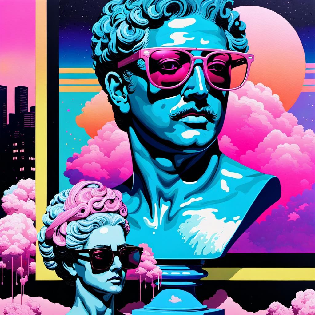 Vaporwave Greek Bust in Neon Futuristic Dreamscape