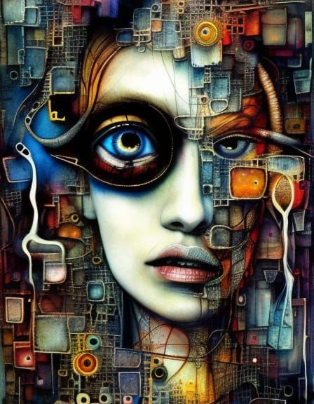 Surreal Geometric Portrait of Woman in Mixed Media Style