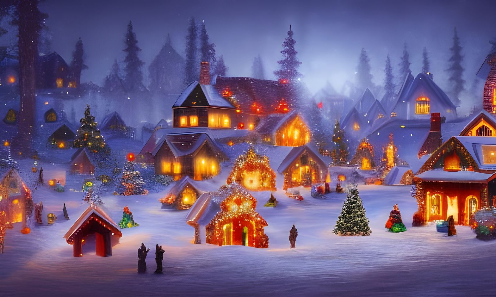Nighttime Christmas Village with Snowman and Presents